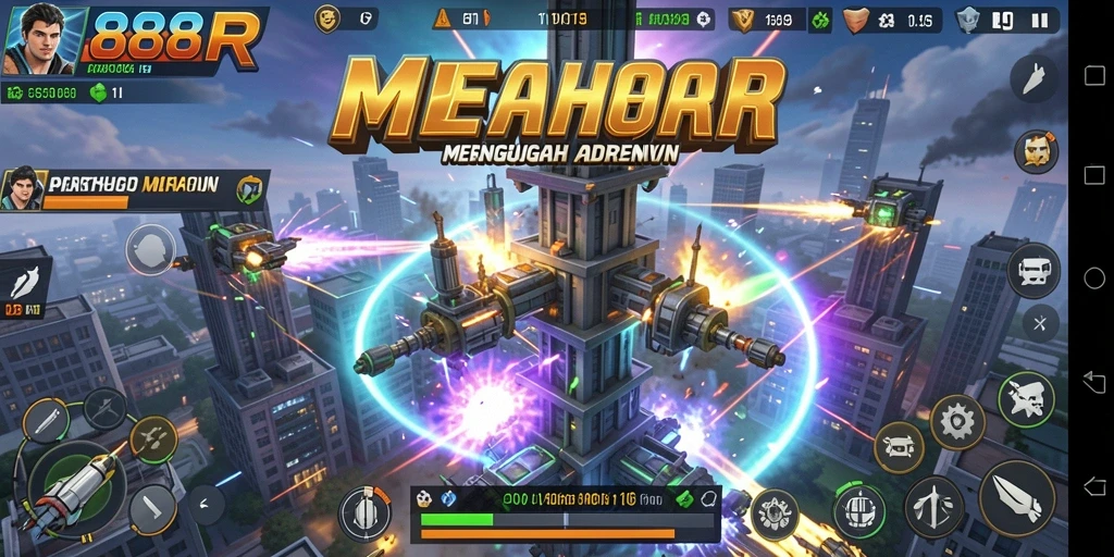 Screenshot gameplay 888R yang menampilkan menara dan musuh dalam pertempuran Tower Defense.