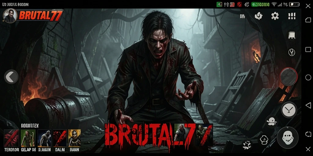 Screenshot gameplay BRUTAL77 menunjukkan suasana mencekam dan penuh ketegangan.