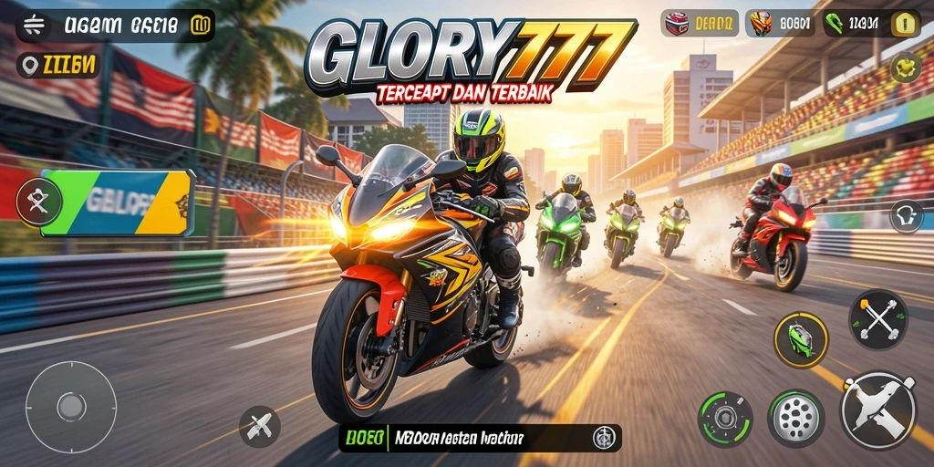 Tangkapan layar gameplay GLORY777 dalam balapan motor yang seru.