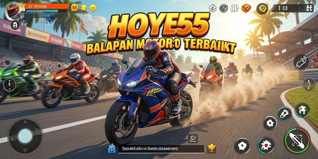 Screenshot gameplay HOYE55 menampilkan aksi balapan motor yang menegangkan.