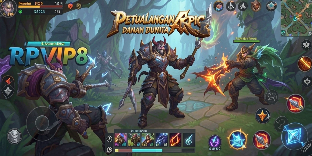 Screenshot gameplay RPVIP8 yang menunjukkan pertempuran epik di dunia fantasi.